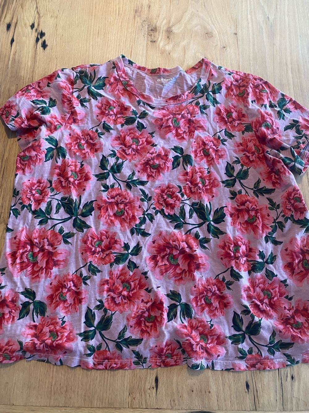 Old Navy Pink Floral Short Sleeve Tee with Green Leaves
